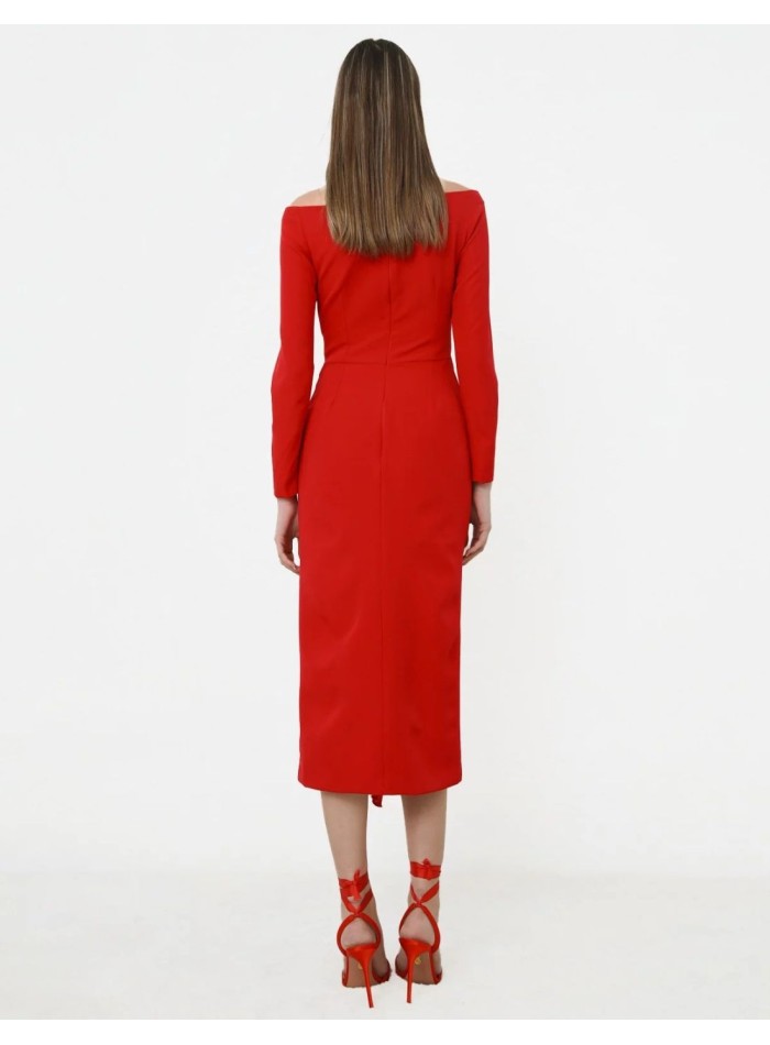 Red cocktail dress with bandeau neckline with...