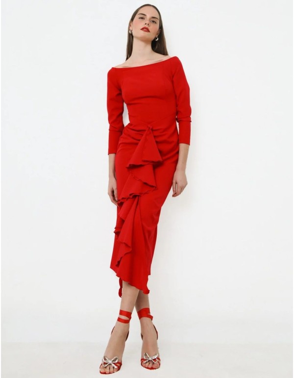 Red cocktail dress with bandeau neckline with ruffle and...