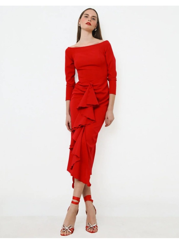 Red cocktail dress with bandeau neckline with...