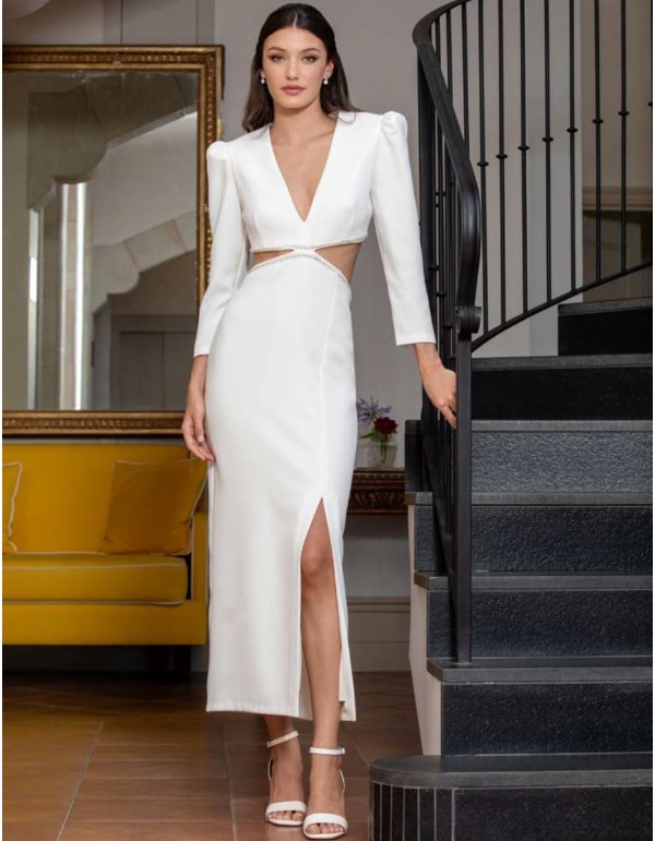Ivory midi party dress with long sleeves and cut-out trim