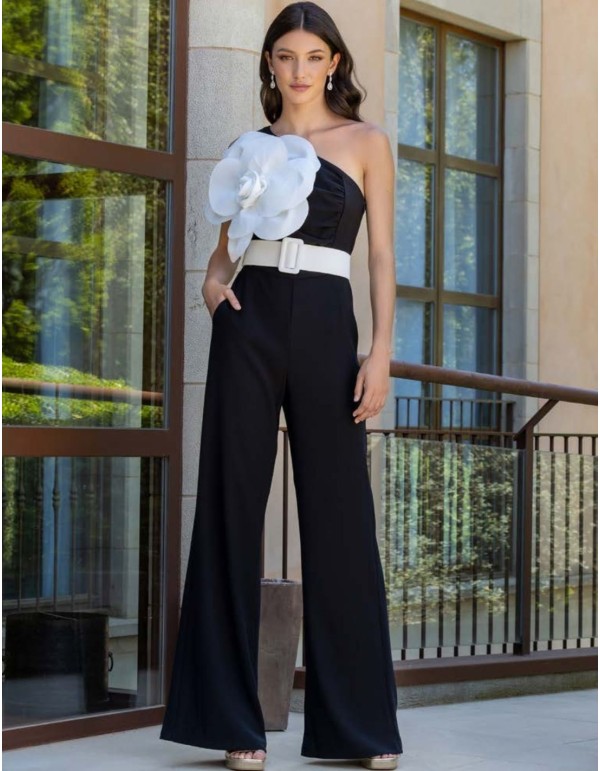 Long party jumpsuit with asymmetrical neckline and wide... 2