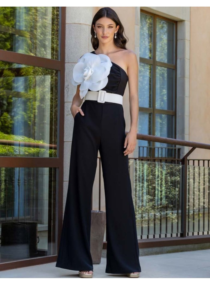 Long party jumpsuit with asymmetrical neckline...