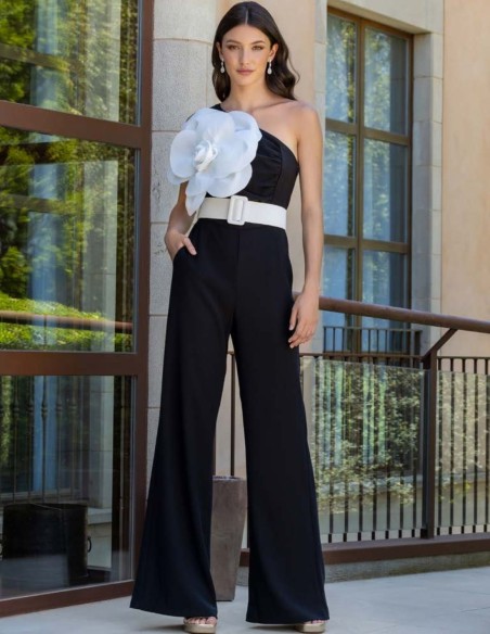 Long party jumpsuit with asymmetrical neckline and wide pants
