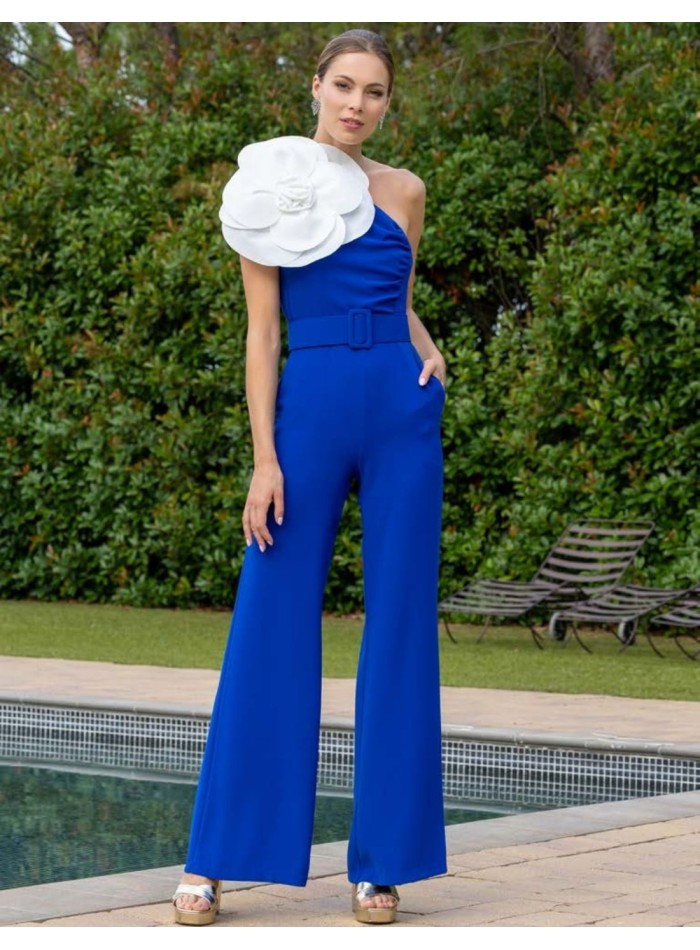 Long party jumpsuit with asymmetrical neckline...