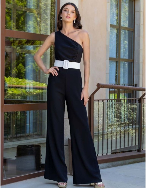 Long party jumpsuit with asymmetrical neckline and wide...
