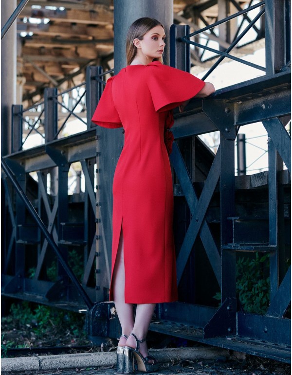 Robe d'invité midi avec détails roses 2