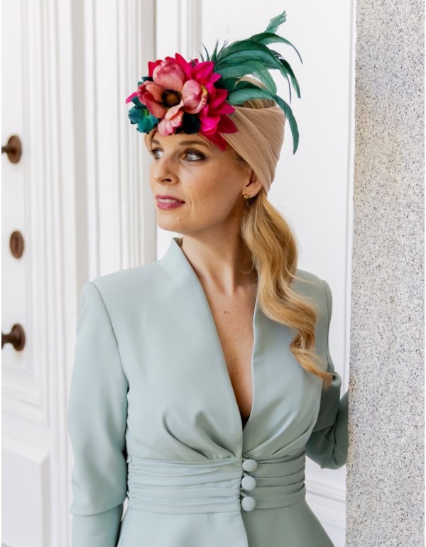 Double sinamay turban with flowers and feathers