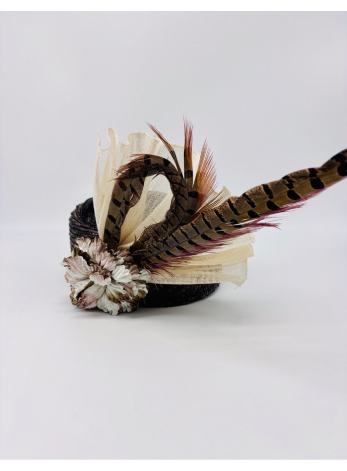 Headdress with straw bonnet and brown pheasant...