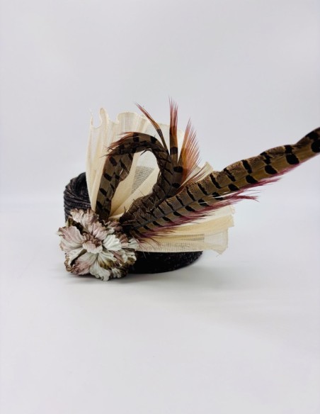 Headdress with straw bonnet and brown pheasant feathers