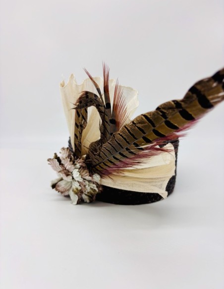 Headdress with straw bonnet and brown pheasant feathers