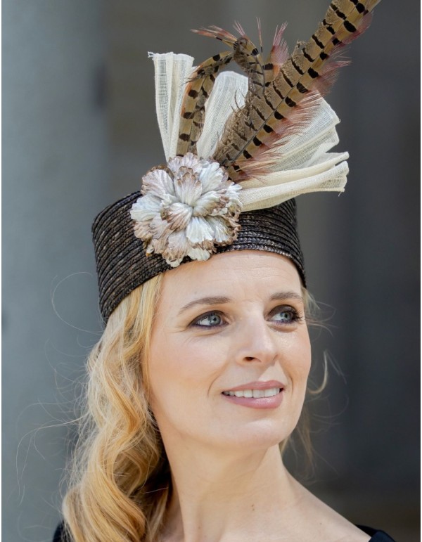 Headdress with straw bonnet and brown pheasant feathers 2