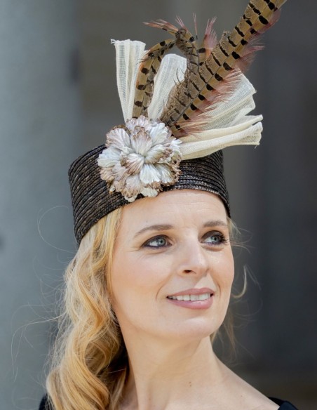 Headdress with straw bonnet and brown pheasant feathers