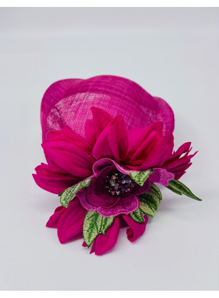 Fuchsia sinamay guest headpiece with flowers