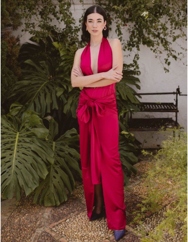Fuchsia long party dress with maxi bow and V-neckline