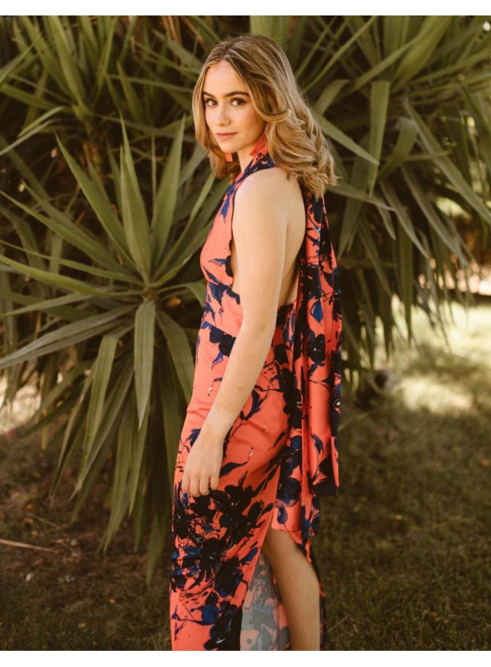 Robe midi en satin imprimé corail et bleu