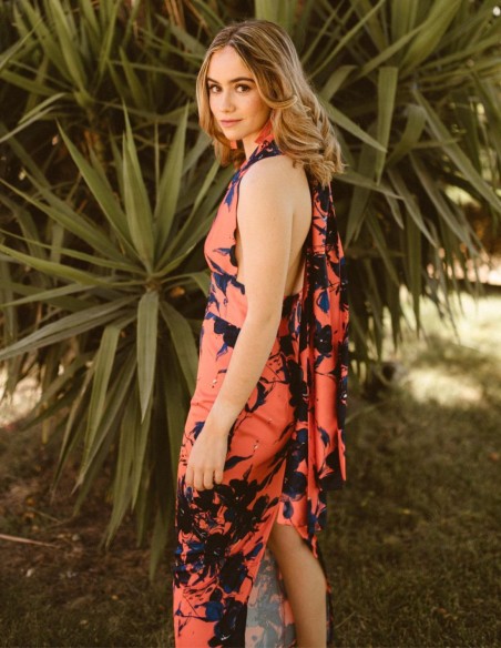 Robe midi en satin imprimé corail et bleu