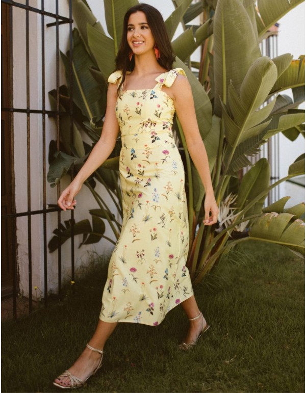 Yellow flared midi skirt with floral print