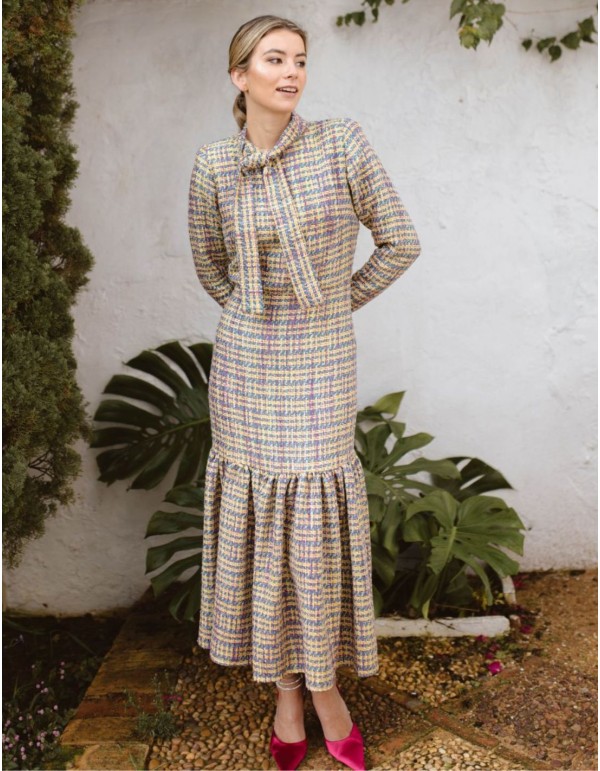Multicolor tweed midi dress with lacing and ruffle
