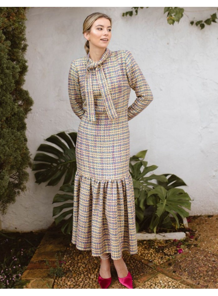 Robe midi en tweed multicolore avec laçage et...