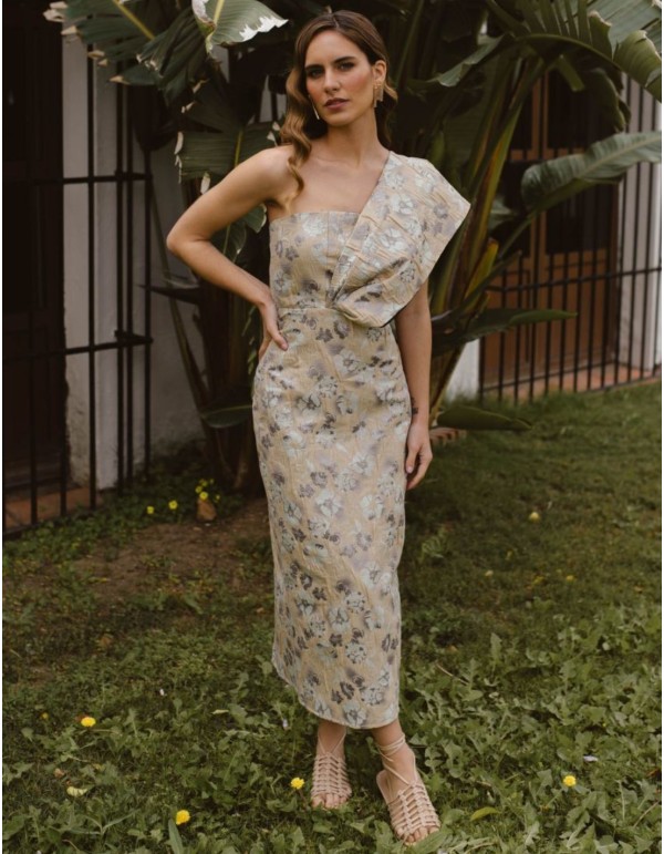 Gold, aqua green and lilac midi dress with brocade flowers