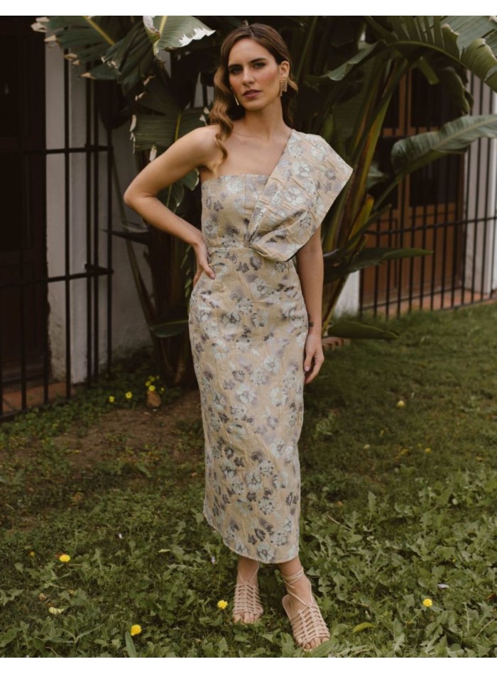 Gold, aqua green and lilac midi dress with...