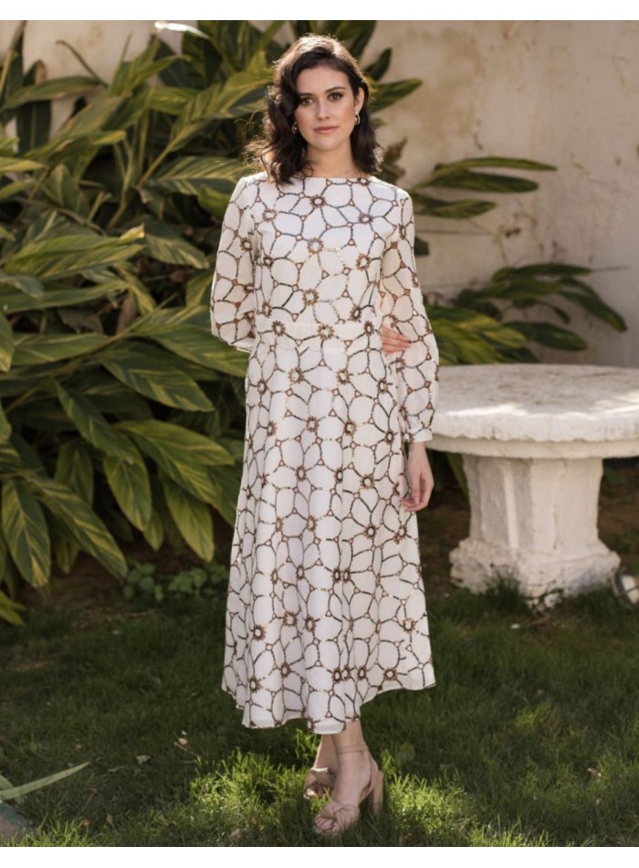 Robe midi avec paillettes cuivrées et manches...