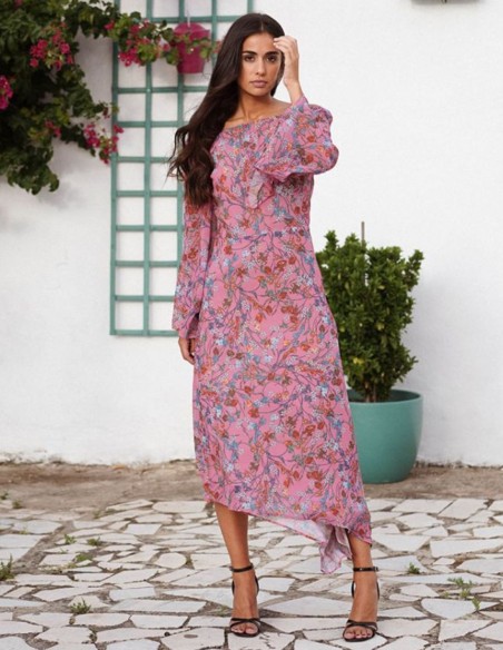 Robe midi asymétrique en mousseline de soie rose à imprimé floral