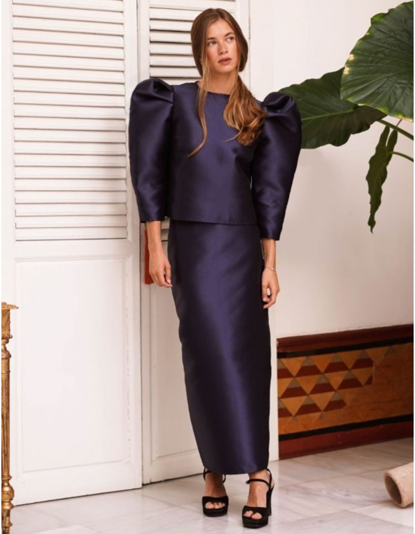 Jupe midi droite en mikado bleu marine