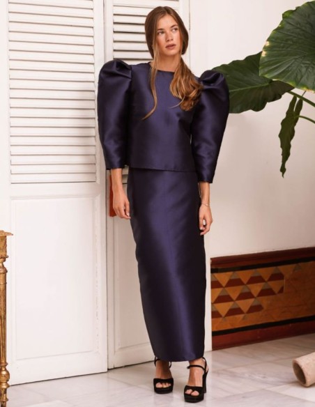 Jupe midi droite en mikado bleu marine