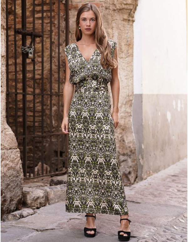 Flared midi skirt printed in green, ecru and black