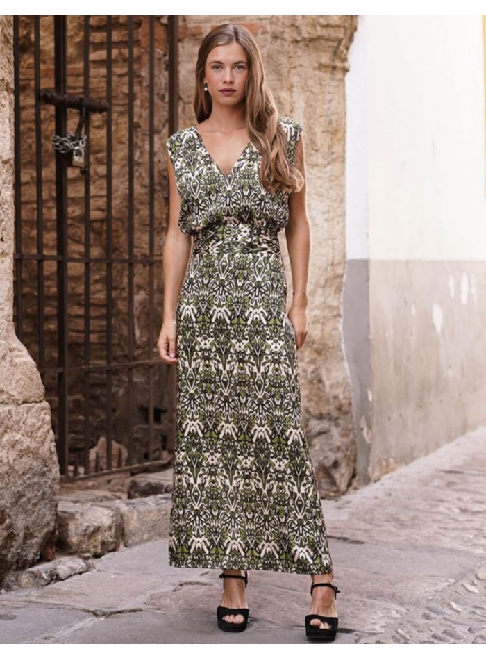 Flared midi skirt printed in green, ecru and black