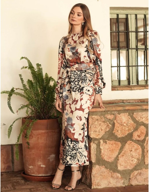 Printed straight midi skirt with back slit