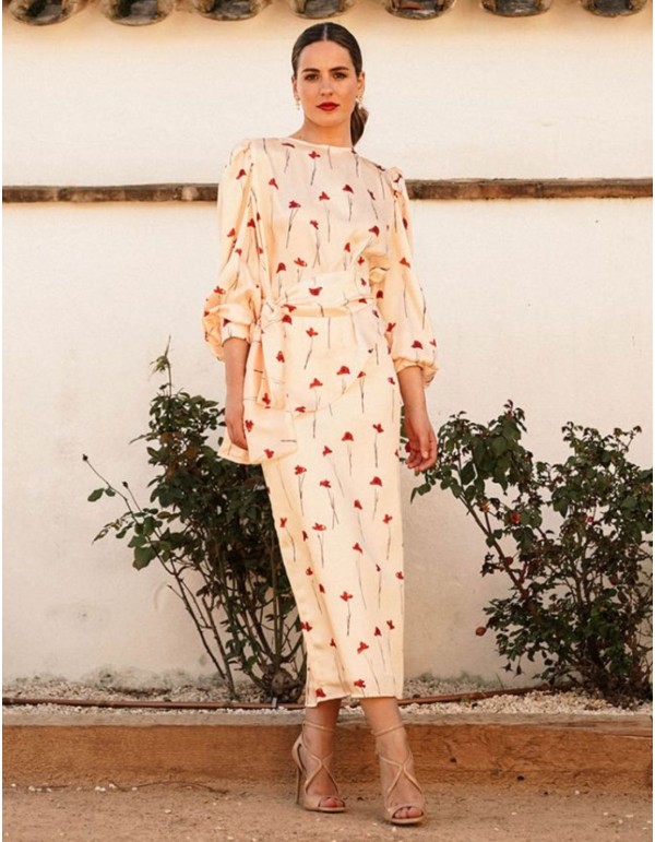 Falda midi recta con abertura y estampado de rosas para eventos