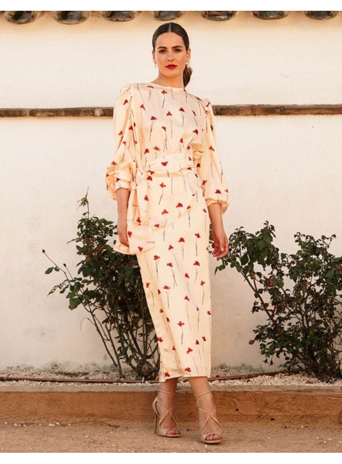 Straight midi skirt with slit and rose print