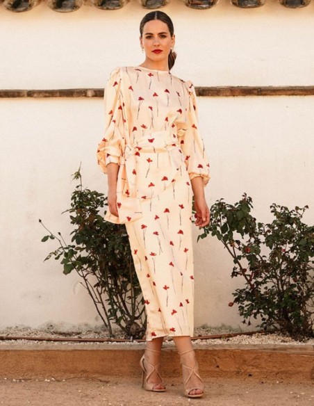 Falda midi recta con abertura y estampado de rosas para eventos