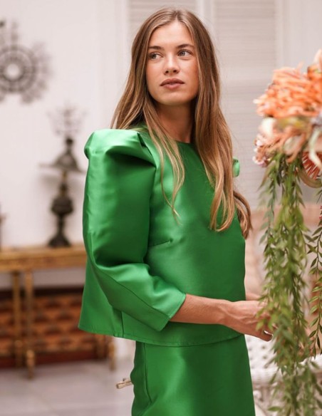 Top de fête en mikado vert avec manches bouffantes