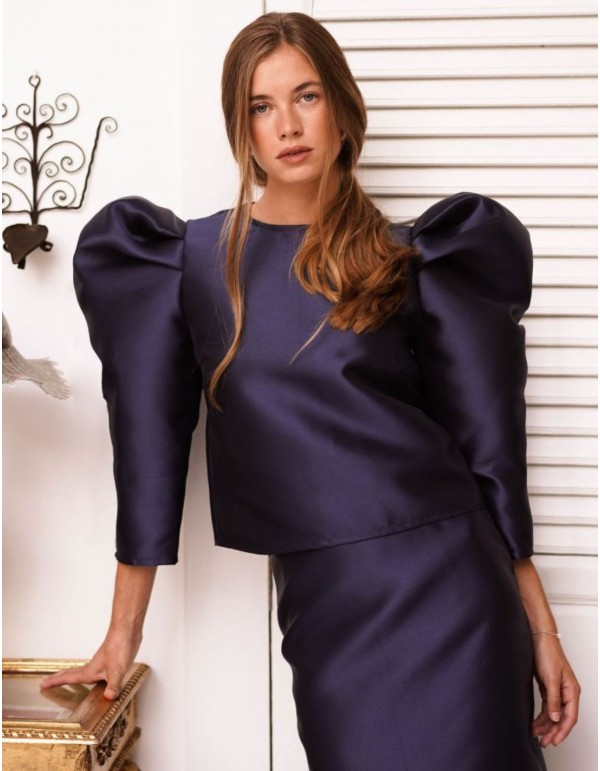 Navy blue mikado top with puffed sleeves