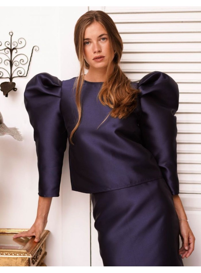 Navy blue mikado top with puffed sleeves