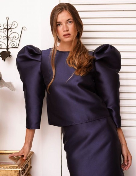 Navy blue mikado top with puffed sleeves