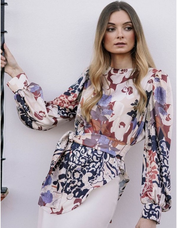 Printed blouse-type top with asymmetrical hem and lacing