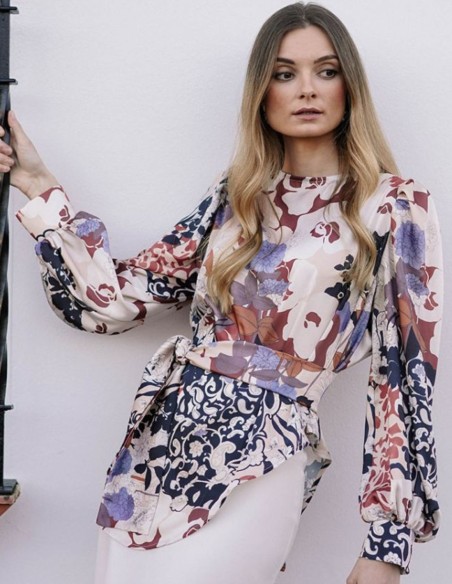 Printed blouse-type top with asymmetrical hem and lacing