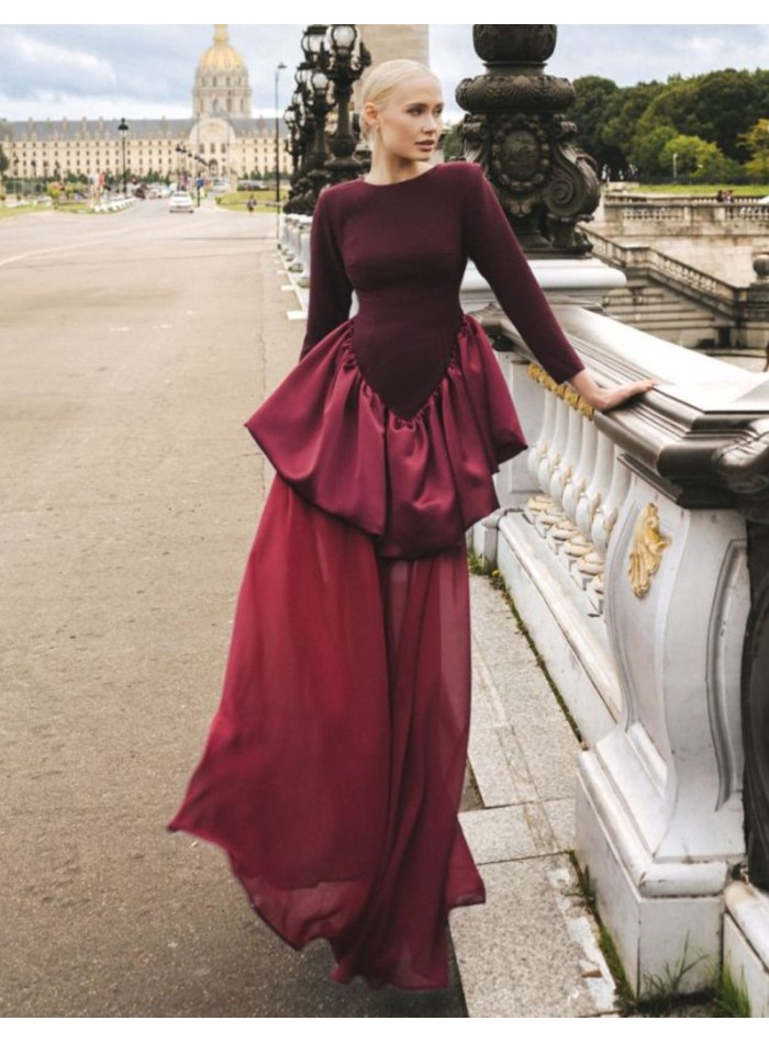 Long burgundy dress with detachable chiffon skirt