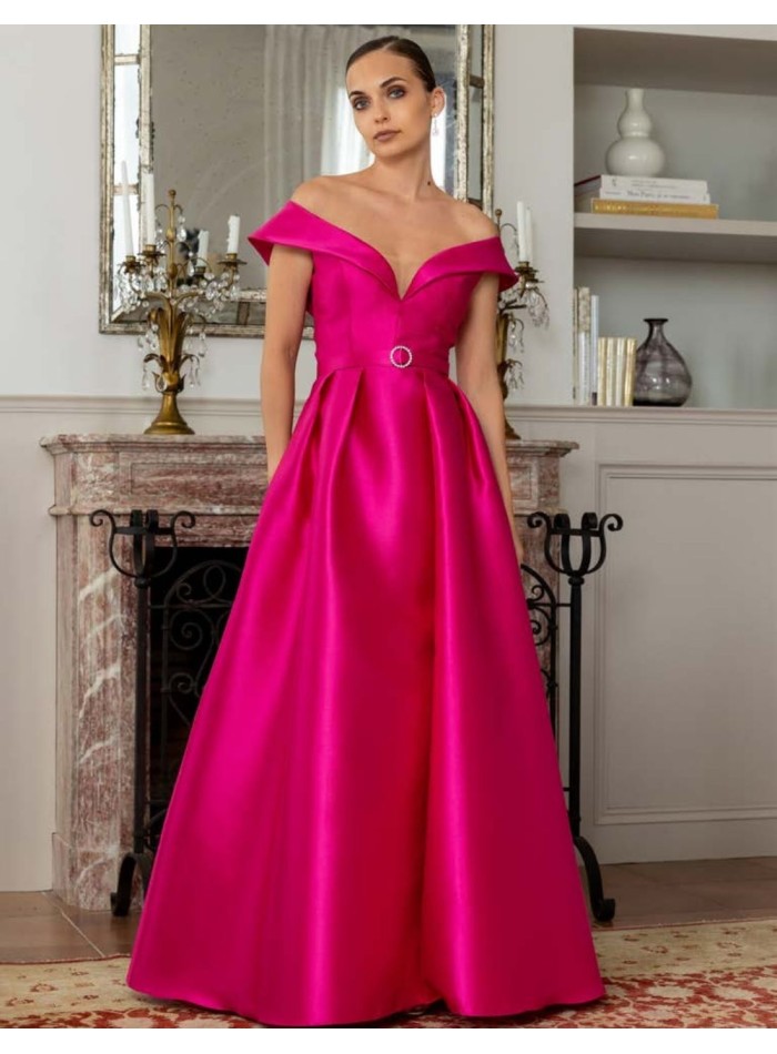 Long guest dress with bardot neckline and...