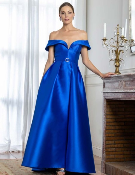 Long guest dress with bardot neckline and jeweled belt