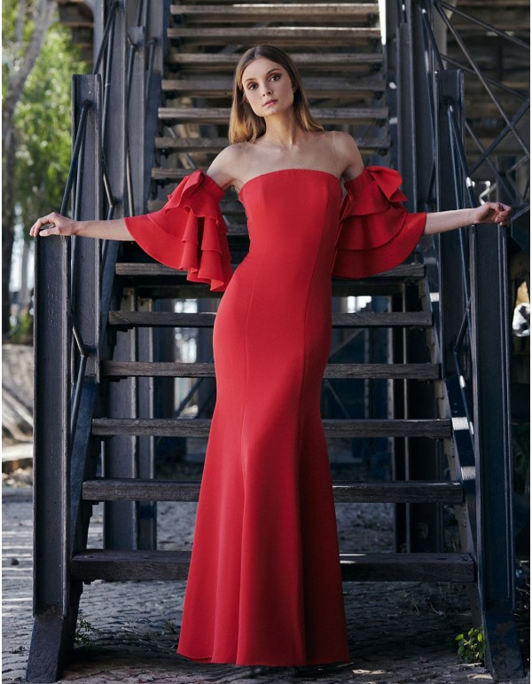 Long guest dress with ruffle sleeves and mermaid cut
