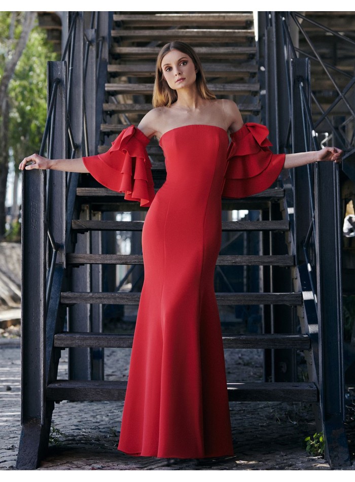 Long guest dress with ruffle sleeves and...