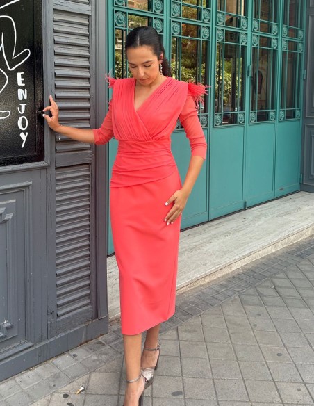 Midi dress for guest with draped detail and French sleeves