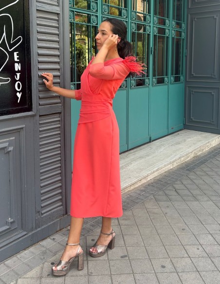 Midi dress for guest with draped detail and French sleeves