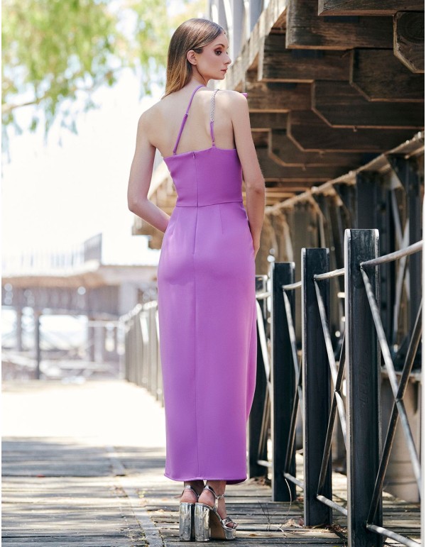 Straight cut guest dress with asymmetrical straps 2