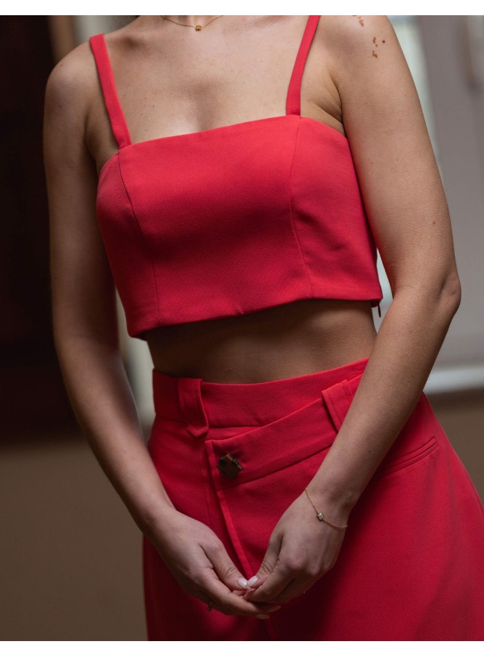 Crop top with thin straps and straight skirt...